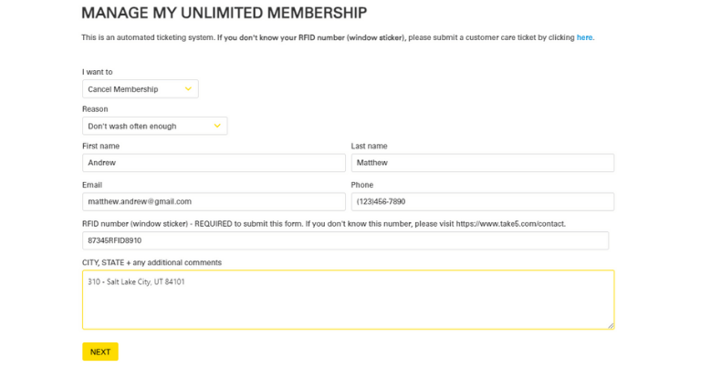 Steps to Cancel your Take 5 Car Wash using Cancellation Form Online