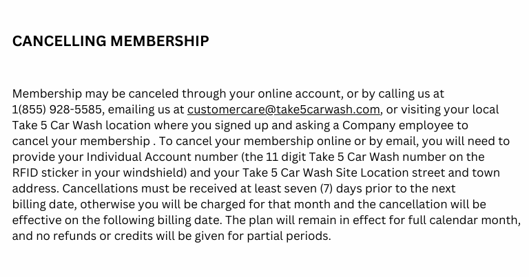 Official Cancellation Policy of Take 5 Car Wash  with 4 Methods to Cancel - Online Form, Phone, Emal and In-Person Visit
