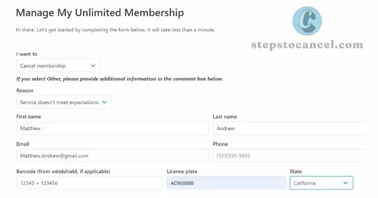 How to Cancel Go Car Wash Membership Online (5 Easy Steps) Online form to cancel an unlimited Go Car membership, showing fields for personal details, reason for cancellation, and vehicle information.