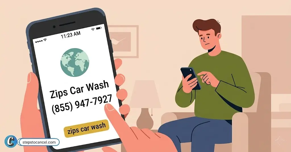A smartphone screen displays the Zips Car Wash customer service telephone number for subscription cancellation.