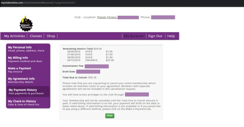 Planet Fitness Membership Cancellation Dasnboard