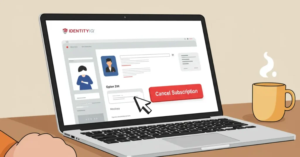 How to Cancel IdentityIQ: Step-by-Step Guide Flat-style comic illustration of a laptop screen with a cursor hovering over a bright red “Cancel Subscription” for IdentityIQ