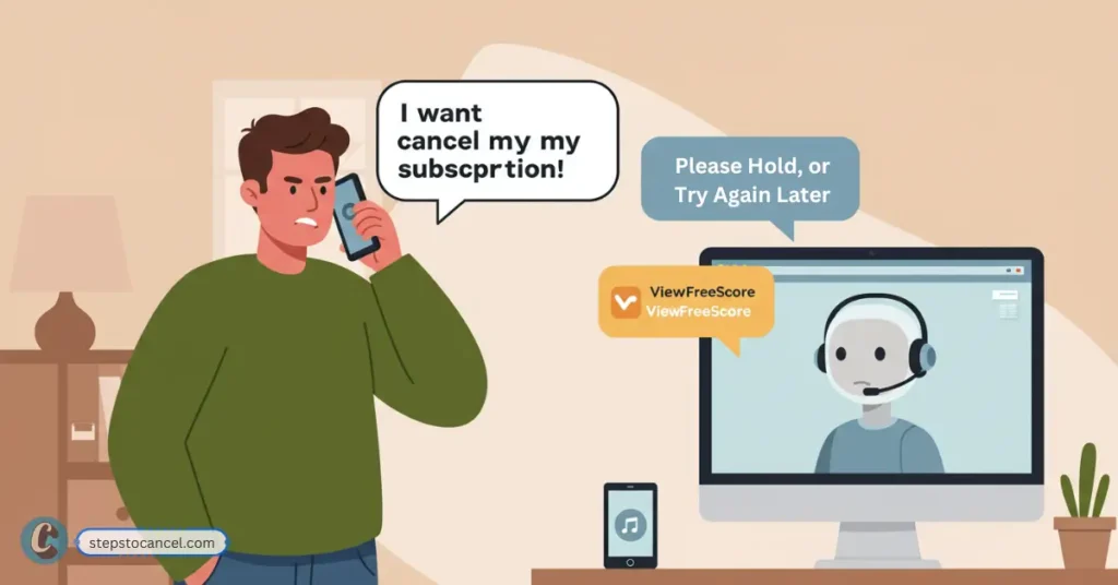 Illustration of a frustrated man calling ViewFreeScore customer service to cancel his subscription, with a computer screen showing a virtual agent and speech bubbles displaying the cancellation request and automated response