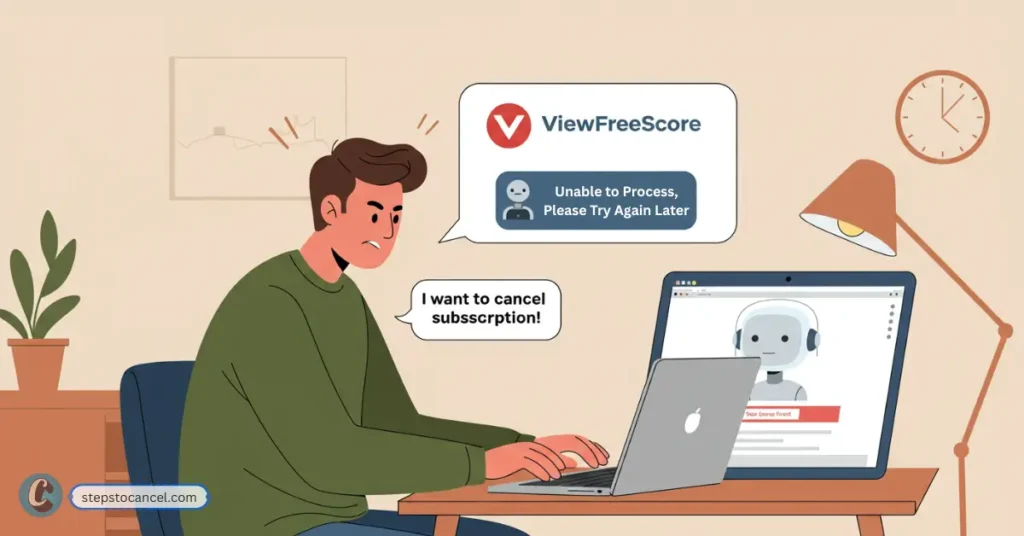 A man attempts to cancel his ViewFreeScore subscription through live chat on a laptop, receiving an automated message saying "Unable to Process, Please Try Again Later," in a simple home office environment