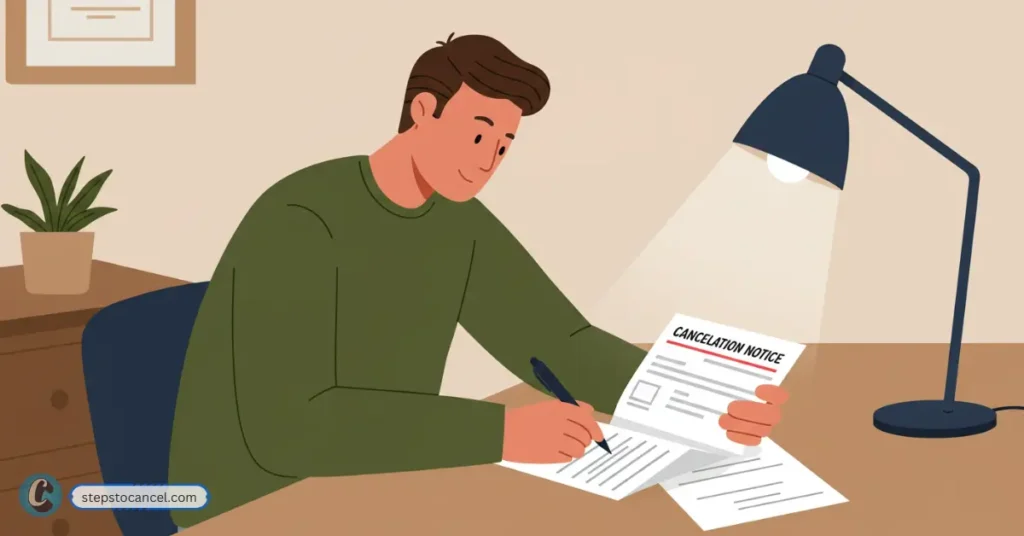 2 Simple Ways to Cancel MyFreeScoreNow Man sitting at a desk, writing on a document labeled 'CANCELLATION NOTICE' for MyFreeScoreNow