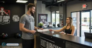 man signing his cancellation form at burn boot camp after term ends