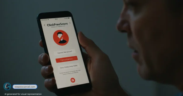 2 Easy Ways to Cancel your ClickFreeScore Membership Smartphone screen shows ClickFreeScore app with red cancellation button for ending membership