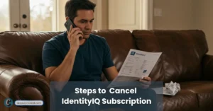 man holding his credit report trying to cancel his IdentityIQ subscription via phone