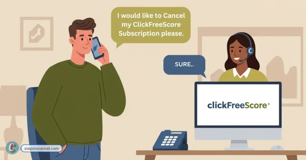 Man calling ClickFreeScore to cancel membership by phone; desk with ClickFreeScore website open