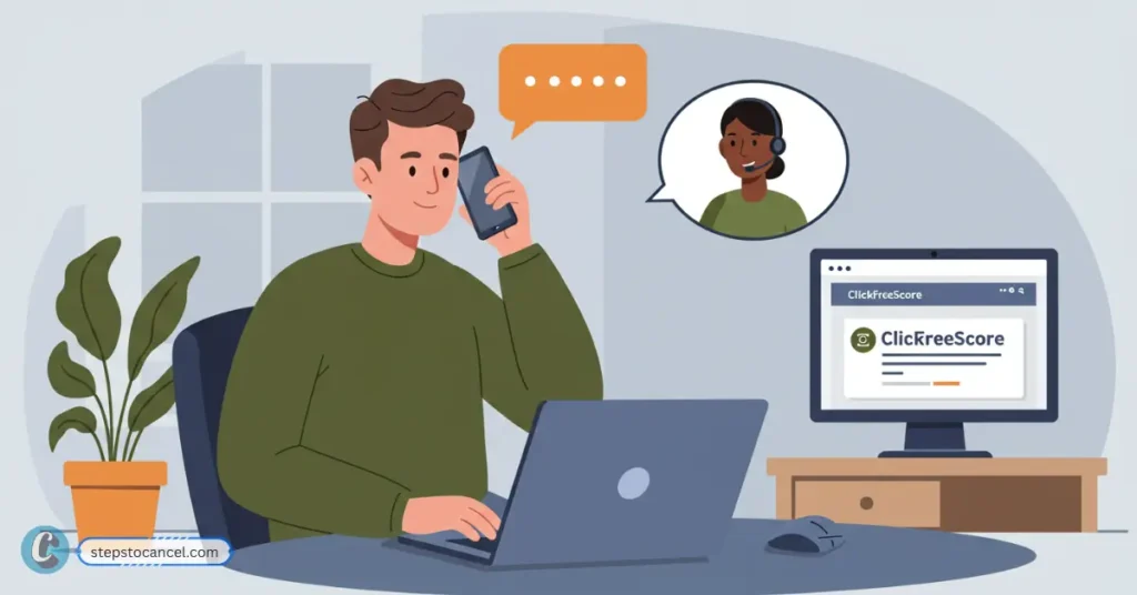 Customer on laptop asking ClickFreeScore agent to cancel subscription; support rep smiles as process the request