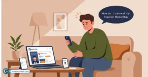 man is sitting in his living room with a laptop and mobile phone on the table, visibly frustrated and confused while attempting to cancel his Experian membership