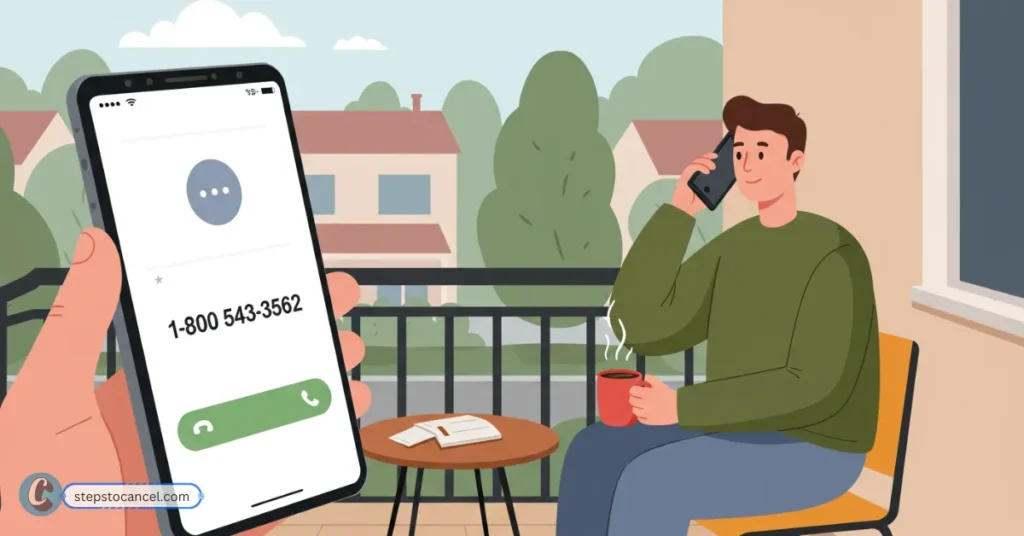 LifeLock Cancellation Made Simple: Avoid Renewal Fees Illustration of a hand holding a phone showing a customer service number while a man on a balcony talks on his phone.