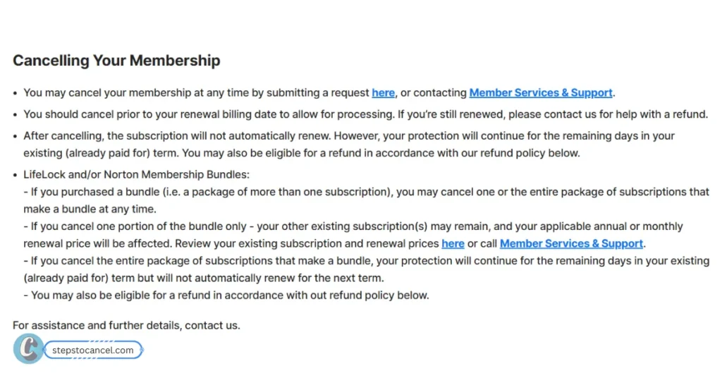 LifeLock Cancellation Made Simple: Avoid Renewal Fees Text titled 'Cancelling Your Membership' explaining the process, timing, refunds, and rules for bundles like LifeLock and Norton.