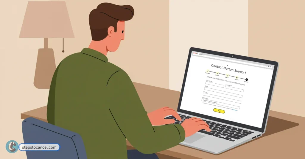 LifeLock Cancellation Made Simple: Avoid Renewal Fees An illustration of a person filling out a 'Contact Norton Support' form on a laptop