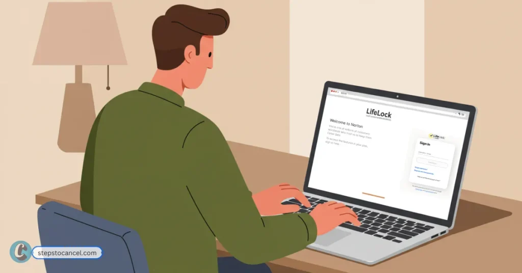 LifeLock Cancellation Made Simple: Avoid Renewal Fees Illustration of a man sitting at a desk using a laptop to sign in to the LifeLock website.