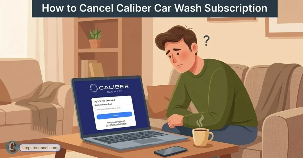 2 Methods to Cancel your Caliber Car Wash Membership (2026) Illustration of man in a green sweater viewing the Caliber Car Wash login screen.